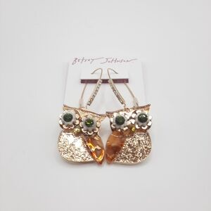 Betsey Johnson Owl Gold Tone Drop Dangle Pierced Earrings New